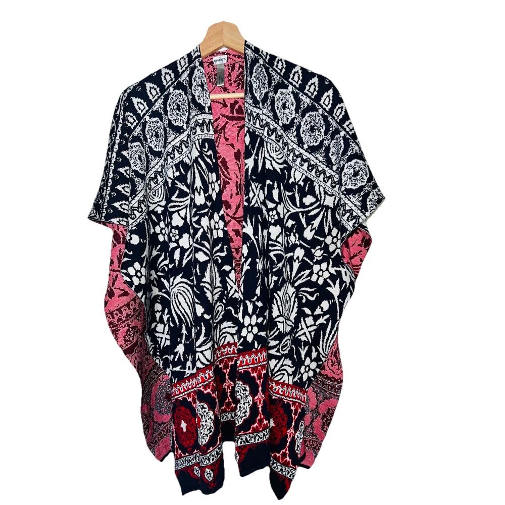 CHICOS Red Navy White Cape Shawl Poncho Wrap One Size 55% Silk, 45% Cotton